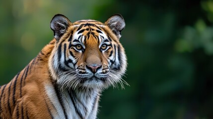 Fototapeta premium Majestic portrait of a tiger in a lush green background, showcasing its striking features and piercing gaze during a calm moment in nature