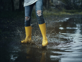 a young person relax wearing yellow rain boots splashing in a puddle