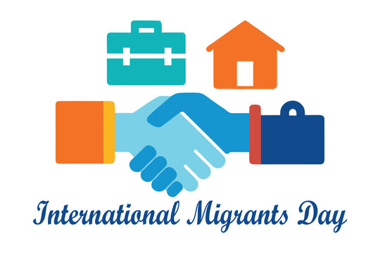International Migrants Day Vector of Handshake with Luggage and Home Icons. - Powered by Adobe