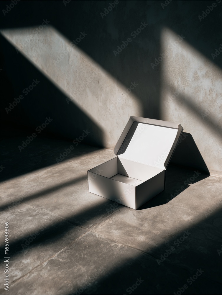 Poster mysterious revelation: an empty box is gracefully illuminated by natural light and intriguing shadow