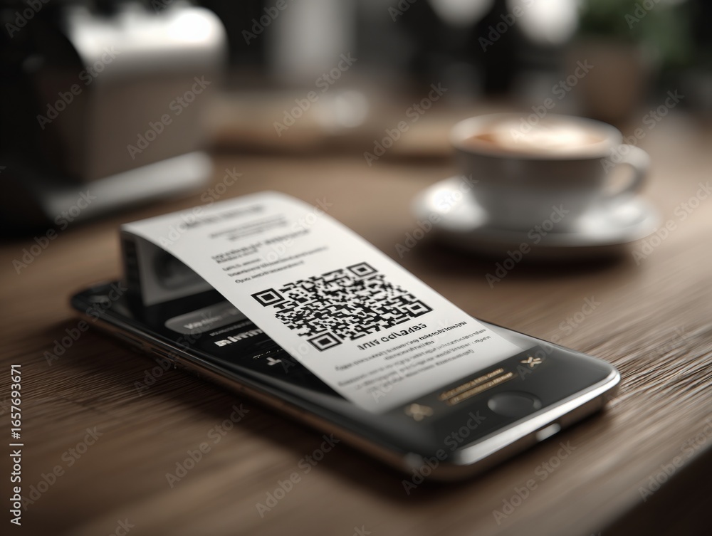 Poster digital receipt on smartphone display with qr code, modern payment method, and coffee in background