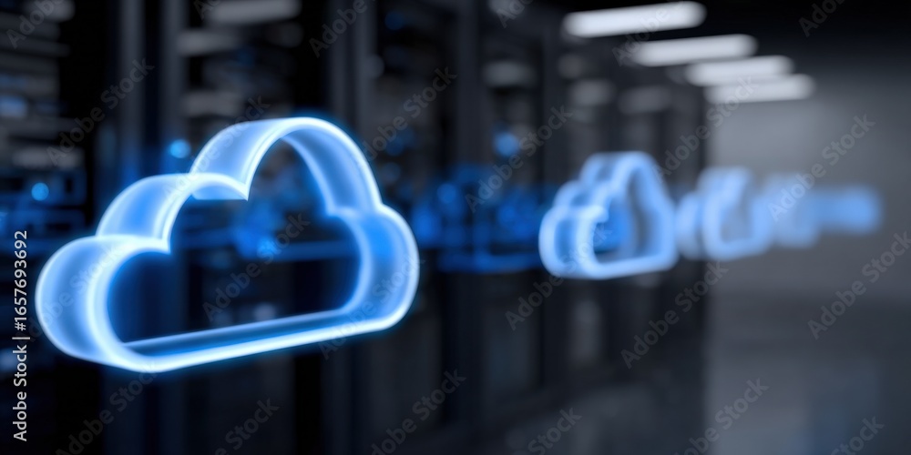 Poster cloud computing server room, data storage and network services conceptual illustration, representing