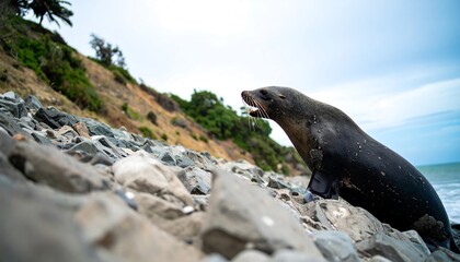 A large, dark-colored seal rests on a rocky shoreline, its mouth slightly open, facing the ocean.