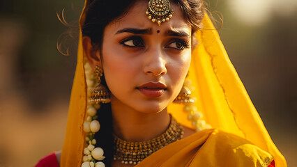 A beautiful Indian teenager wears a mustard yellow sari with antique jewelry and jasmine flowers in her braided hair.
