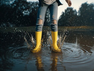a young person relax wearing yellow rain boots splashing in a puddle