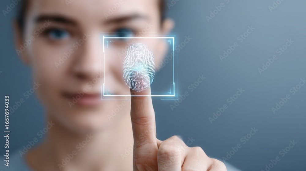 Poster biometric identification: woman accessing system with fingerprint scan, high-tech security interface