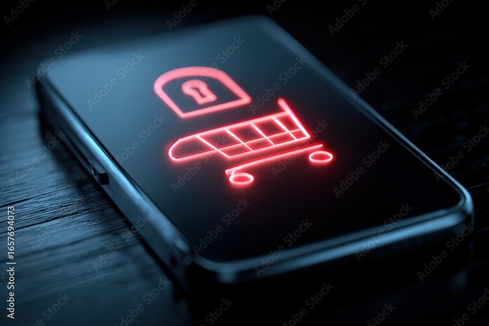 Poster Secure Online Shopping Concept: Smartphone Displaying a Red Illuminated Shopping Cart with Lock Icon