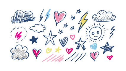 Hand drawn doodle set clouds hearts stars lightning sun