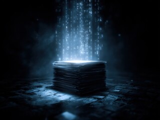 Abstract data processing visualization of information with binary code stream hovering over server stack