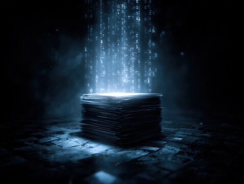 Abstract data processing visualization of information with binary code stream hovering over server stack