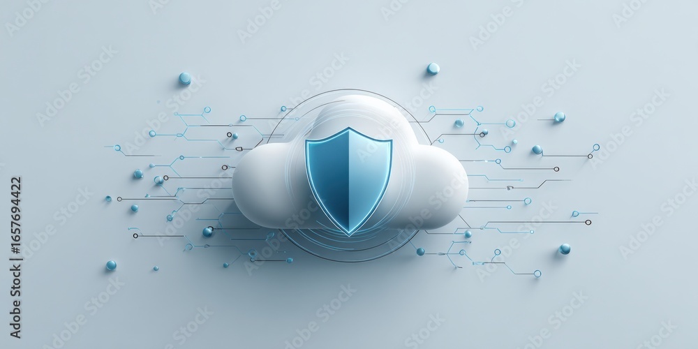 Poster cloud security concept with shield and network connections, cybersecurity and data protection illust