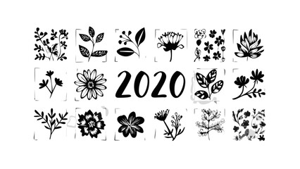 Hand Drawn Floral Elements and Year 2020 flowers leaves