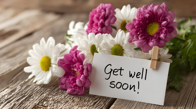 Send heartfelt wishes with beautiful flowers and a "Get Well Soon" message on rustic wood