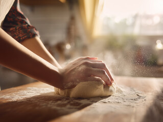 A woman kneading dough in a clean kitchen with warm, soft lighting.