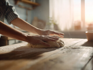 A woman kneading dough in a clean kitchen with warm, soft lighting.