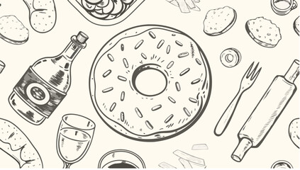 Hand drawn seamless pattern with donut, champagne, glass, fork, rolling pin and other food items design silhouette