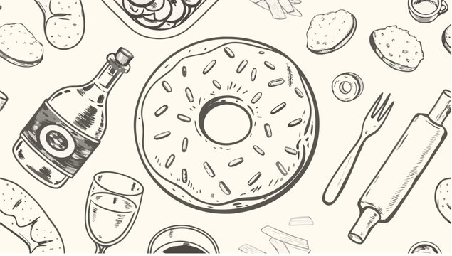 Hand drawn seamless pattern with donut, champagne, glass, fork, rolling pin and other food items design silhouette