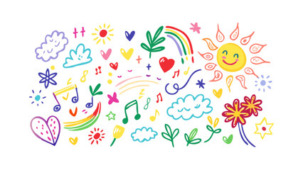 Happy doodle collection with sun rainbow and music notes