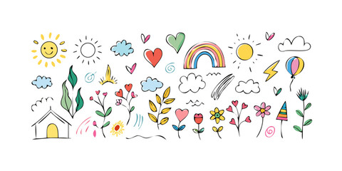 Happy doodle elements with rainbow and sun clouds hearts