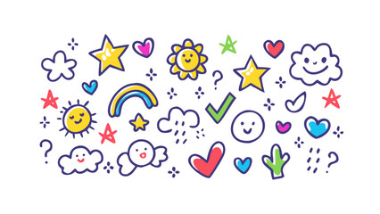 Happy doodle icons with stars and clouds cartoon