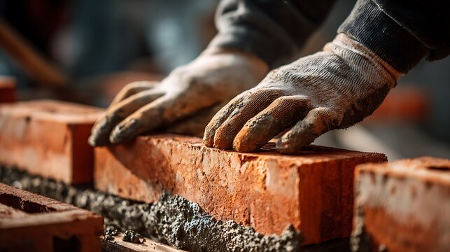 Hands Laying Red Brick with Grey Mortar in Construction