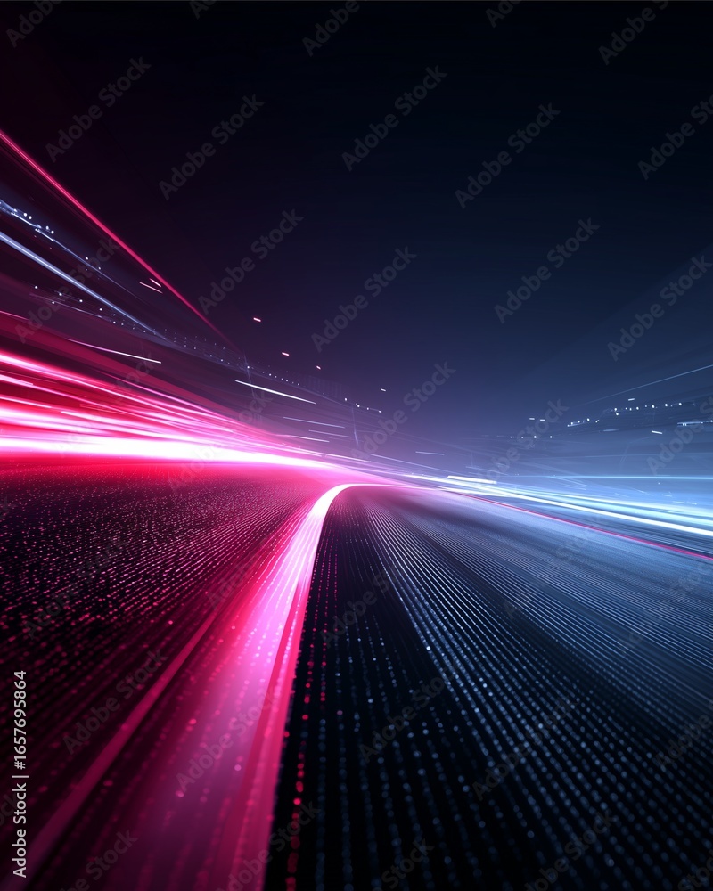 Poster neon speed lines: abstract, high-velocity streaks of neon light blur across a dark expanse, creating