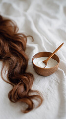 Hair mask. A strand of hair and a hair mask in a wooden bowl nearby. Concept: hair care, problem of damaged, dry, brittle hair.