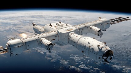 A large, white, space station orbits the earth, showcasing a futuristic and technologically advanced design.
