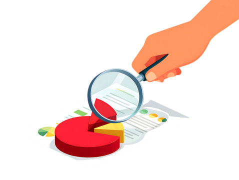 Hand Holding Magnifying Glass Over Pie Chart Data Analysis isolated on a transparent background image