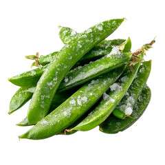 A pile of fresh green snow peas with white specks against a plain backdrop isolated on transparent background