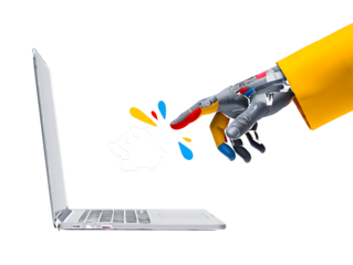 Robotic hand interacting with colorful digital elements on a laptop screen isolated on a transparent background