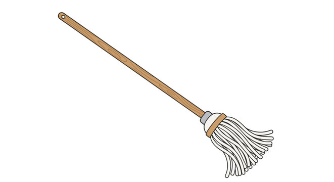 Cartoon mop with wooden handle and white strings on a white background cleaning tool icon for disinfection equipment floor cleaning routine