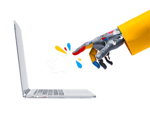 Robotic hand interacting with colorful digital elements on a laptop screen isolated on a transparent background