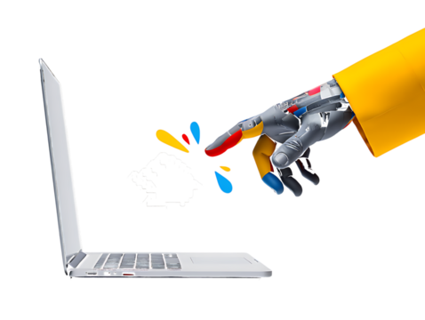 Robotic hand interacting with colorful digital elements on a laptop screen isolated on a transparent background