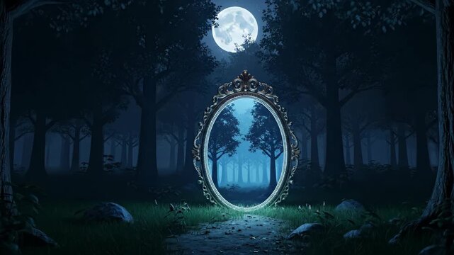 Magical Mirror Portal in Dark Forest - An ornate oval mirror stands in a dark, mysterious forest at night, reflecting a similar forest scene.