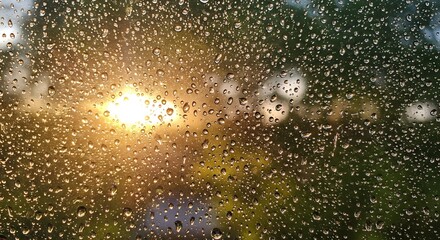 Obraz premium Sunlight filters through raindrops on a window with blurred outdoor background
