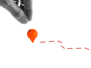 Orange location pin held by hand with red dashed line isolated on a transparent background navigation