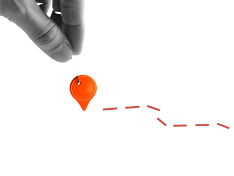 Orange location pin held by hand with red dashed line isolated on a transparent background navigation