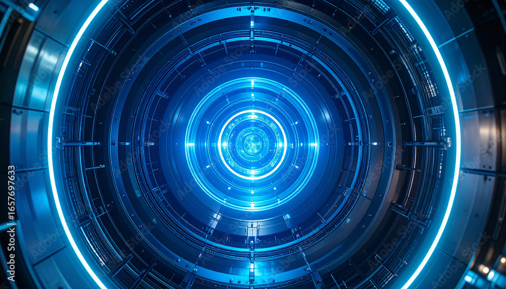 Poster intricate, glowing blue tunnel design with circular patterns and futuristic technology.