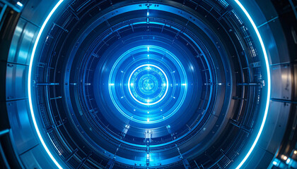 Intricate, glowing blue tunnel design with circular patterns and futuristic technology.