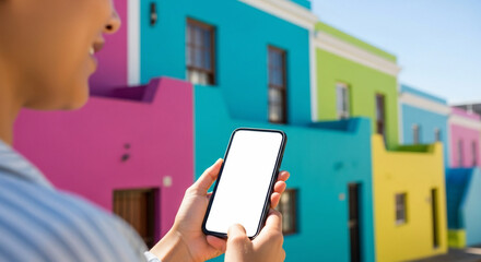 Woman Holds Smartphone with Blank Screen in Front of Colorful Houses
