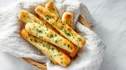 garlic breadsticks in a rustic wicker basket on a white tablecloth, symbolizing comfort and the simple pleasure of a warm, classic side dish