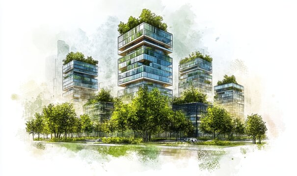 Sustainable development project sketch featuring green buildings and trees. This image highlights the importance of urban planning that incorporates energy efficiency, green spaces, Generative AI