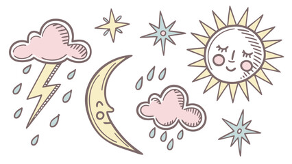 Pastel weather elements with sun moon and clouds stars