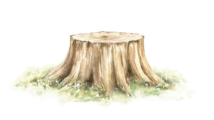 A forest tree stump with roots and green grass, mossy wooden stump. Watercolor hand drawn illustration isolated on white background. Children's design for print, card, sticker, woodland decoration.