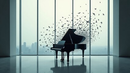 Grand piano with musical notes dissolving into the air