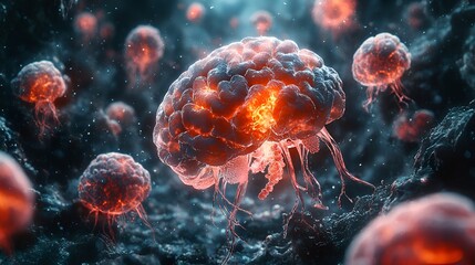 Glowing brain cells, neural network, fiery synapses.