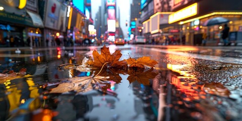 Autumn leaves floating on puddle in times square, new york city