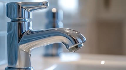 Closeup of a shiny chrome faucet in a bathroom