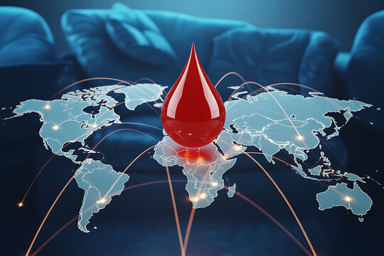 Global blood donation concept with world map and red blood drop, representing health, healthcare, and global medical outreach